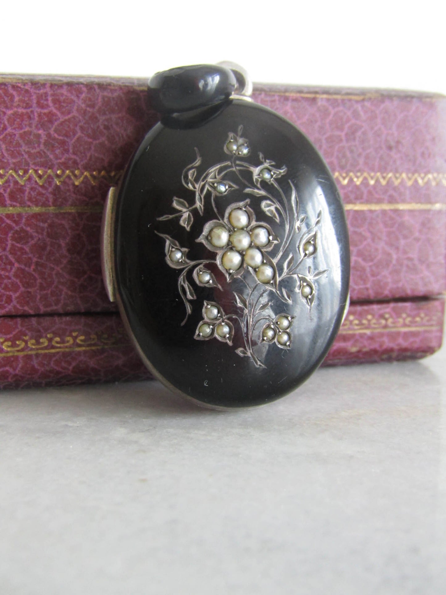 Antique Silver Forget me Not Black Enamel Mourning Locket, XIX century locket