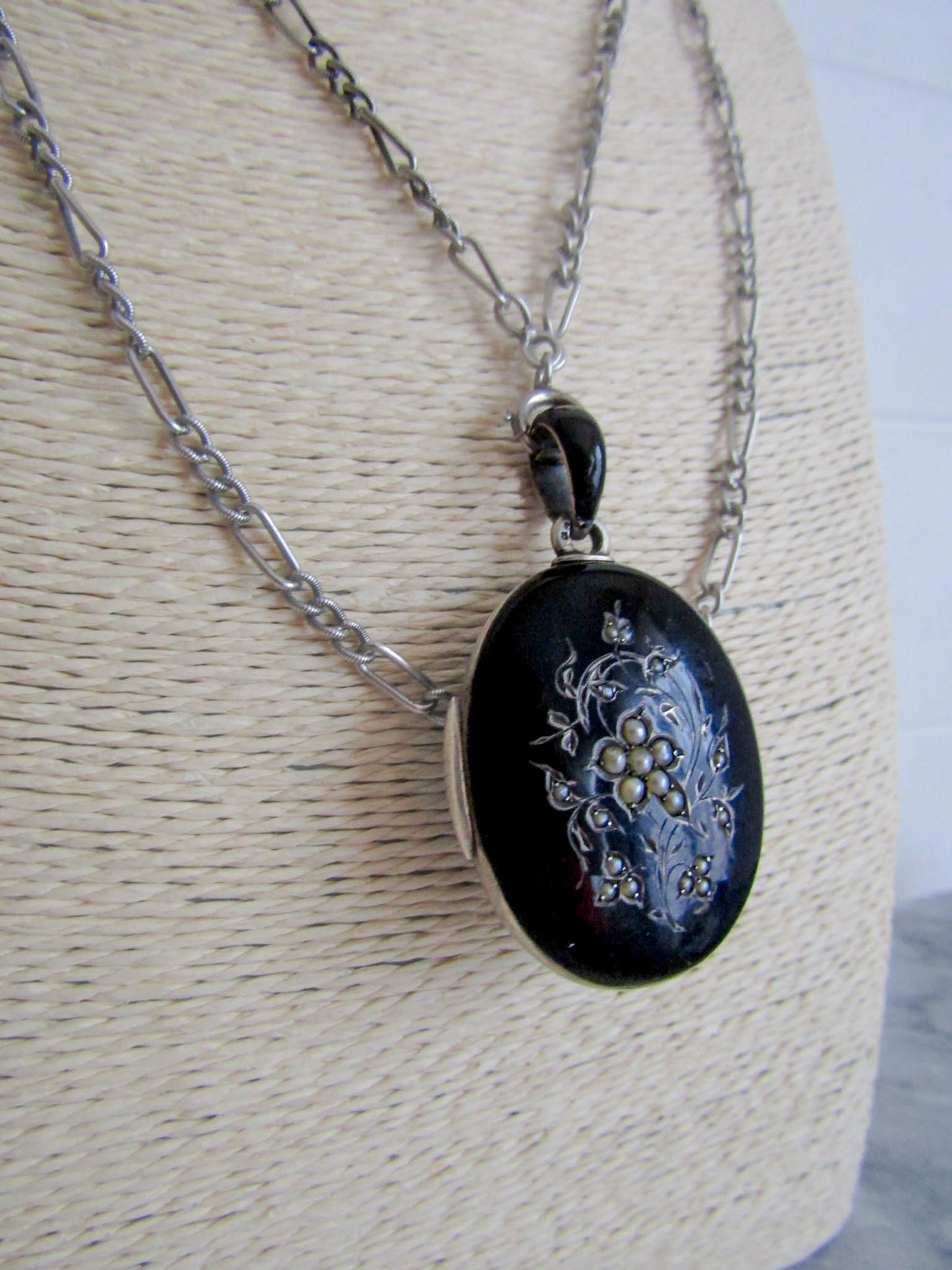 Antique Silver Forget me Not Black Enamel Mourning Locket, XIX century locket