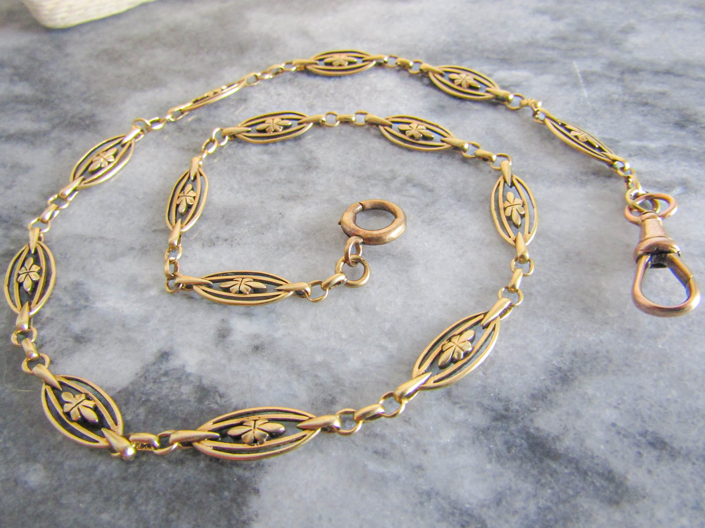 17" Heavy 18K Solid Gold Victorian Watch Chain, Antique French Floral Necklace Choker 19.00 g