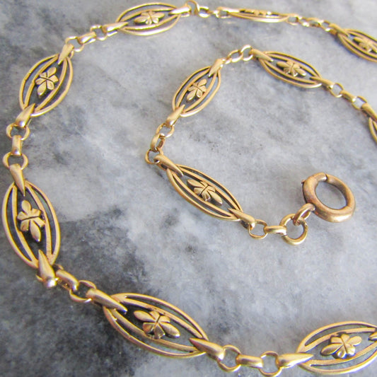 17" Heavy 18K Solid Gold Victorian Watch Chain, Antique French Floral Necklace Choker 19.00 g