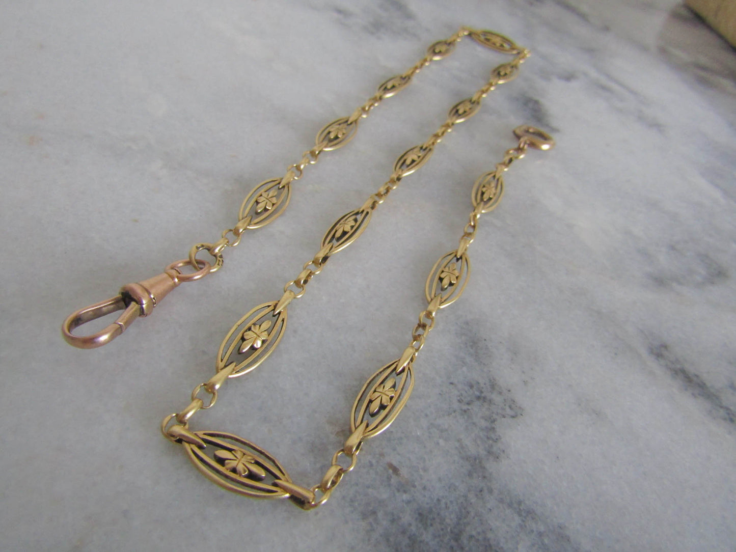 17" Heavy 18K Solid Gold Victorian Watch Chain, Antique French Floral Necklace Choker 19.00 g