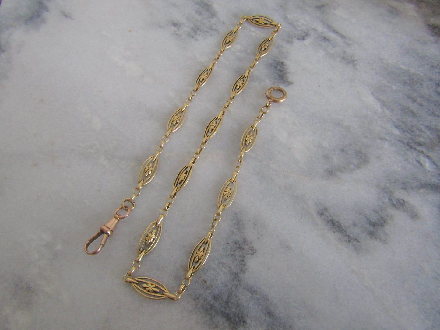 17" Heavy 18K Solid Gold Victorian Watch Chain, Antique French Floral Necklace Choker 19.00 g