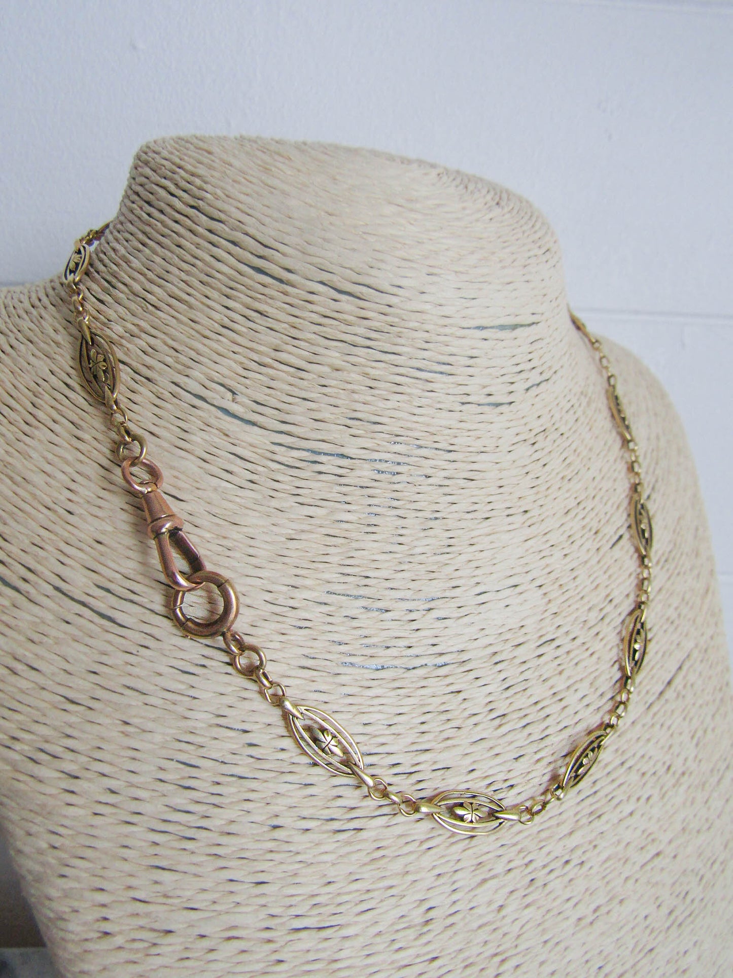 17" Heavy 18K Solid Gold Victorian Watch Chain, Antique French Floral Necklace Choker 19.00 g