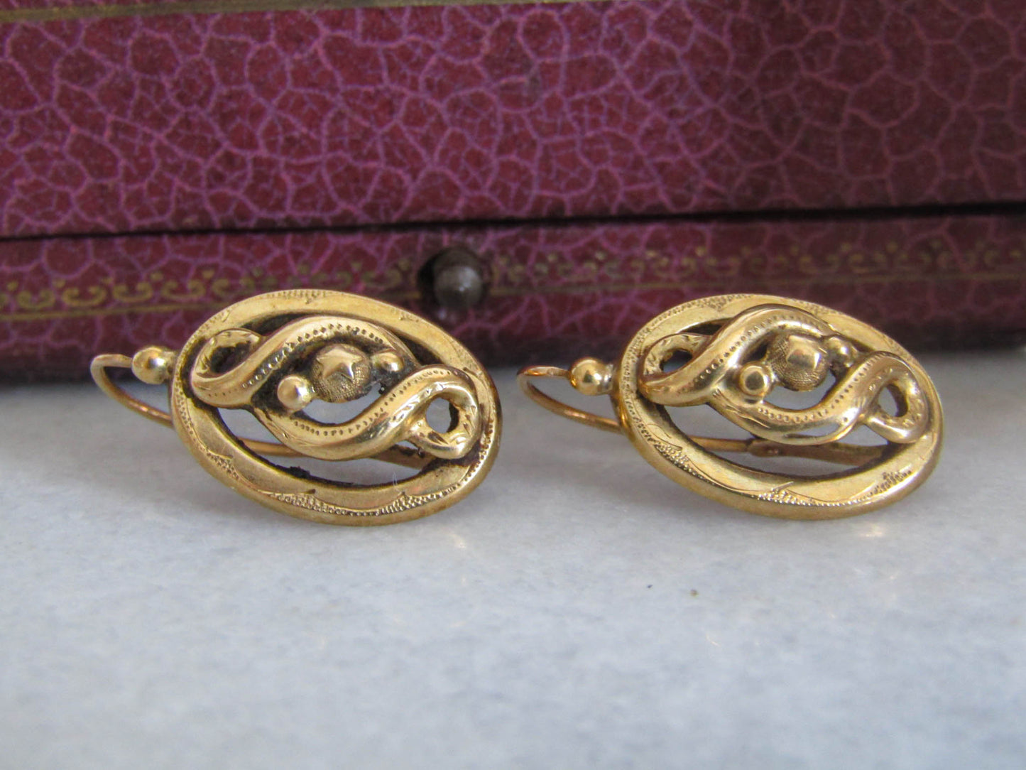 Antique 18k Solid Gold Victorian Infinity Loop Earrings, Antique French Dangle Earrings