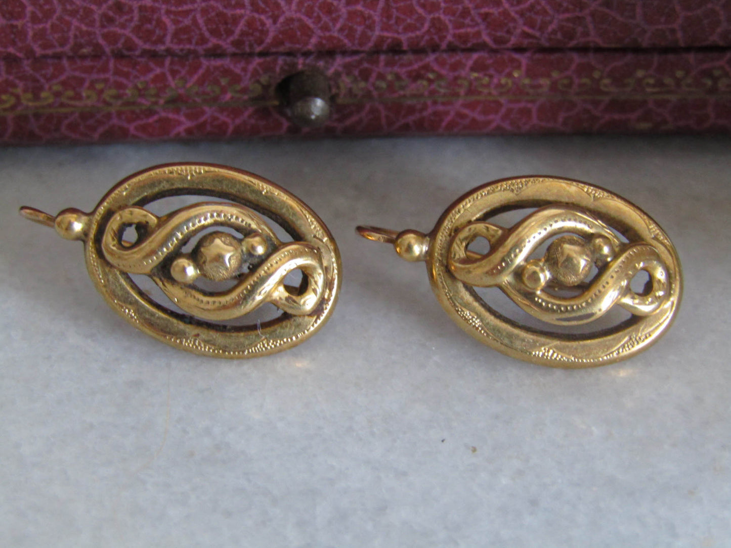 Antique 18k Solid Gold Victorian Infinity Loop Earrings, Antique French Dangle Earrings