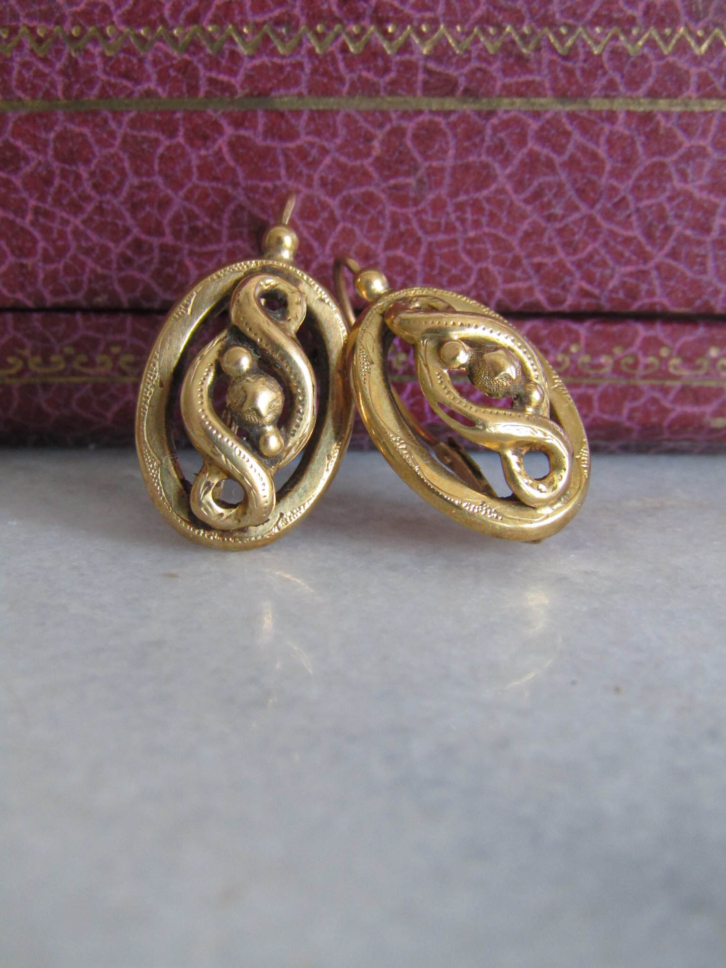 Antique 18k Solid Gold Victorian Infinity Loop Earrings, Antique French Dangle Earrings