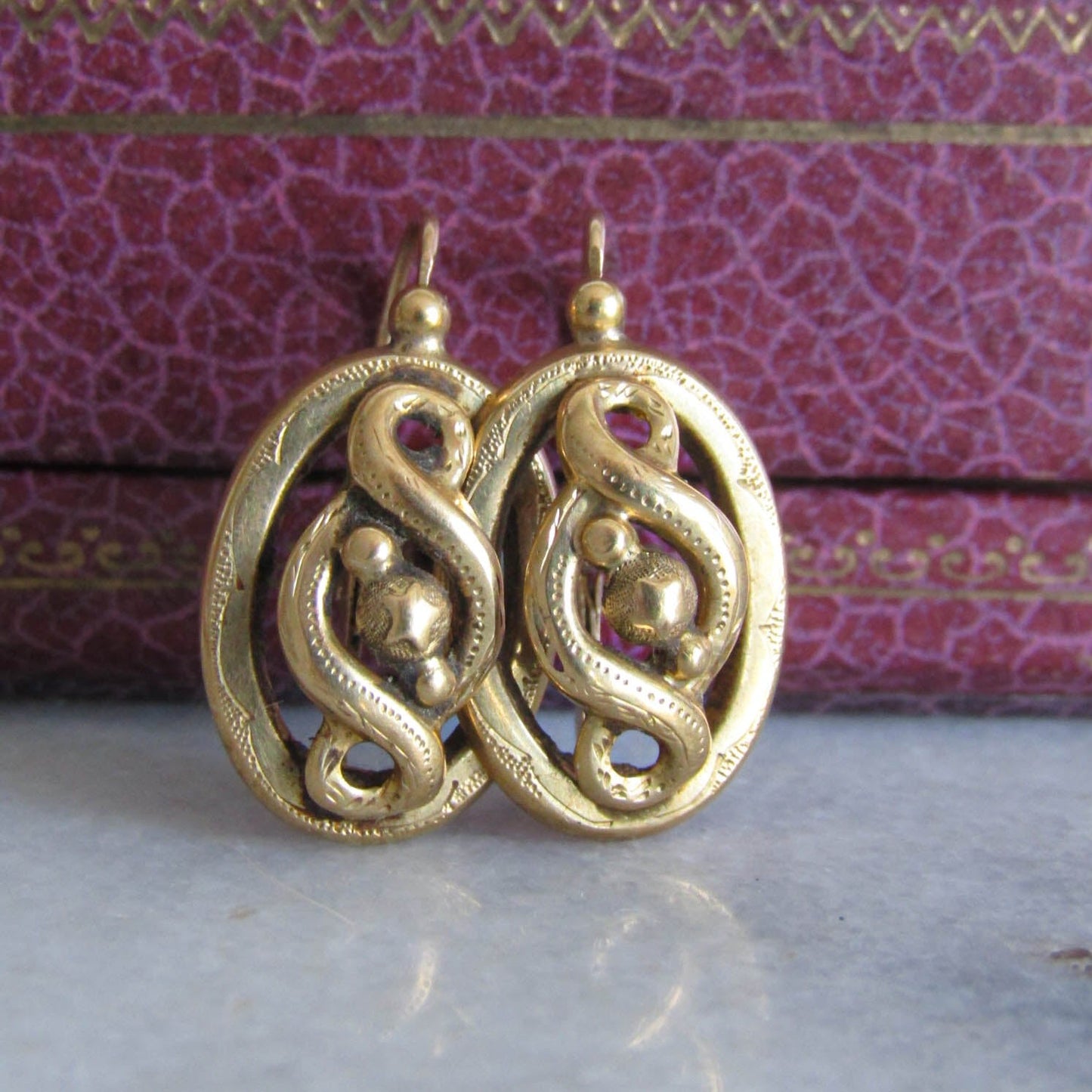 Antique 18k Solid Gold Victorian Infinity Loop Earrings, Antique French Dangle Earrings