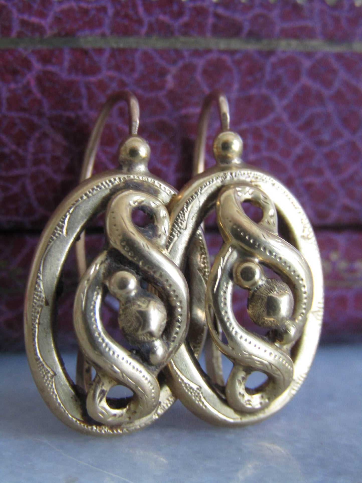 Antique 18k Solid Gold Victorian Infinity Loop Earrings, Antique French Dangle Earrings