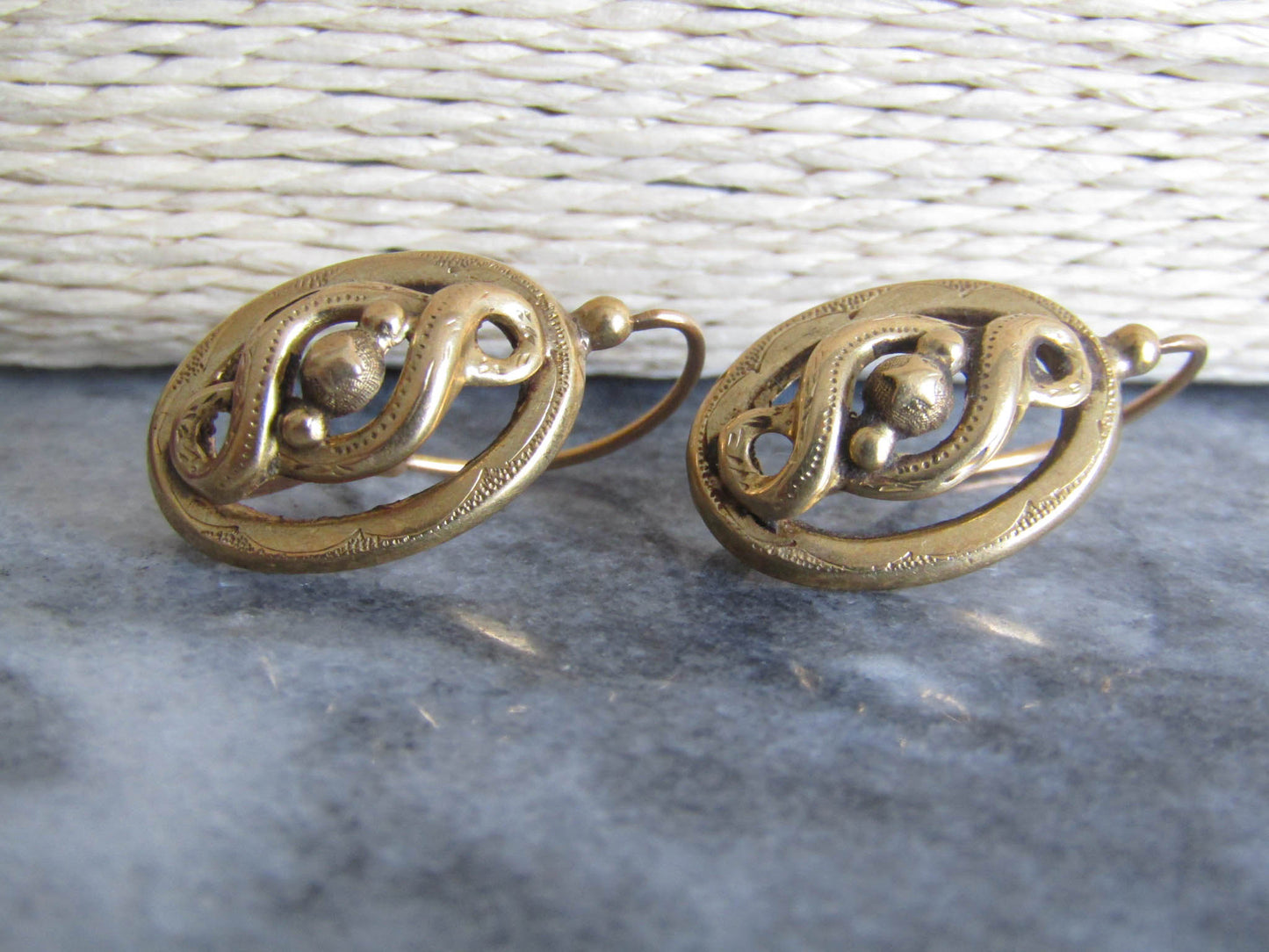 Antique 18k Solid Gold Victorian Infinity Loop Earrings, Antique French Dangle Earrings