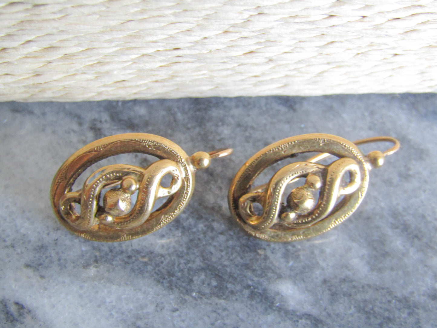 Antique 18k Solid Gold Victorian Infinity Loop Earrings, Antique French Dangle Earrings