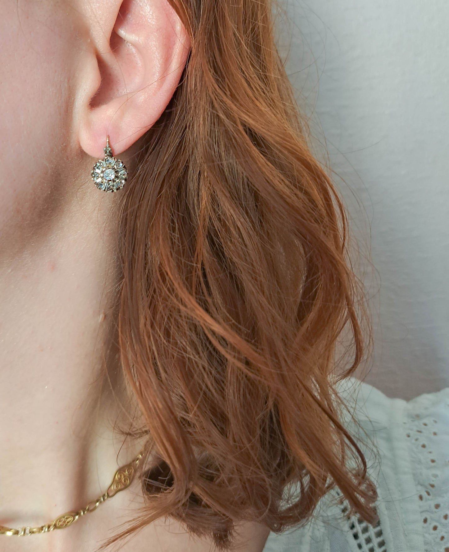 Antique Edwardian Diamond, Platinum, and Gold Daisy Cluster Earrings, Antique French Marguerite Diamond Earrings c. 1900