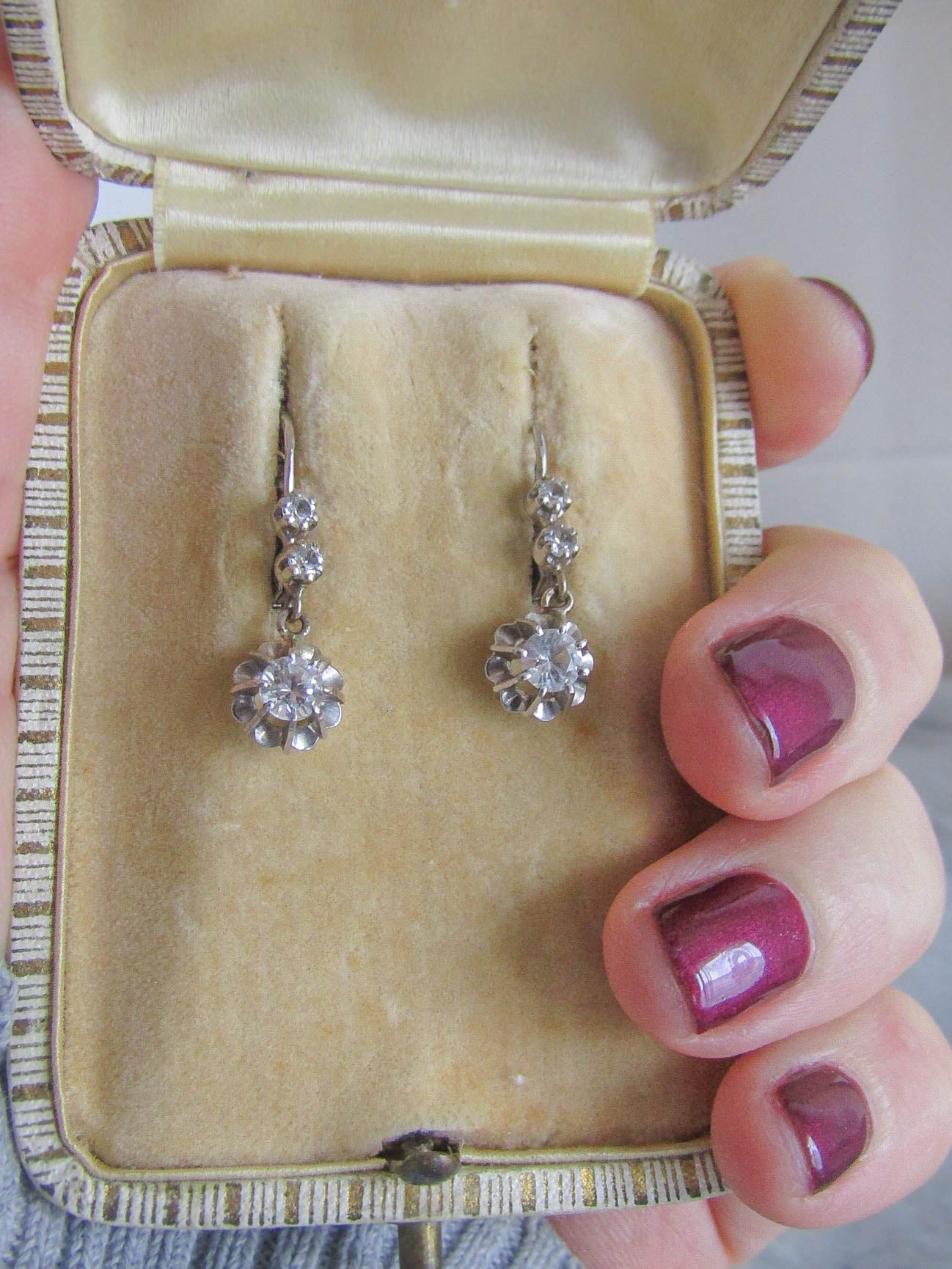 Antique 18K White Gold Art Deco Rock Crystal Trembleuse Earrings c. 1930