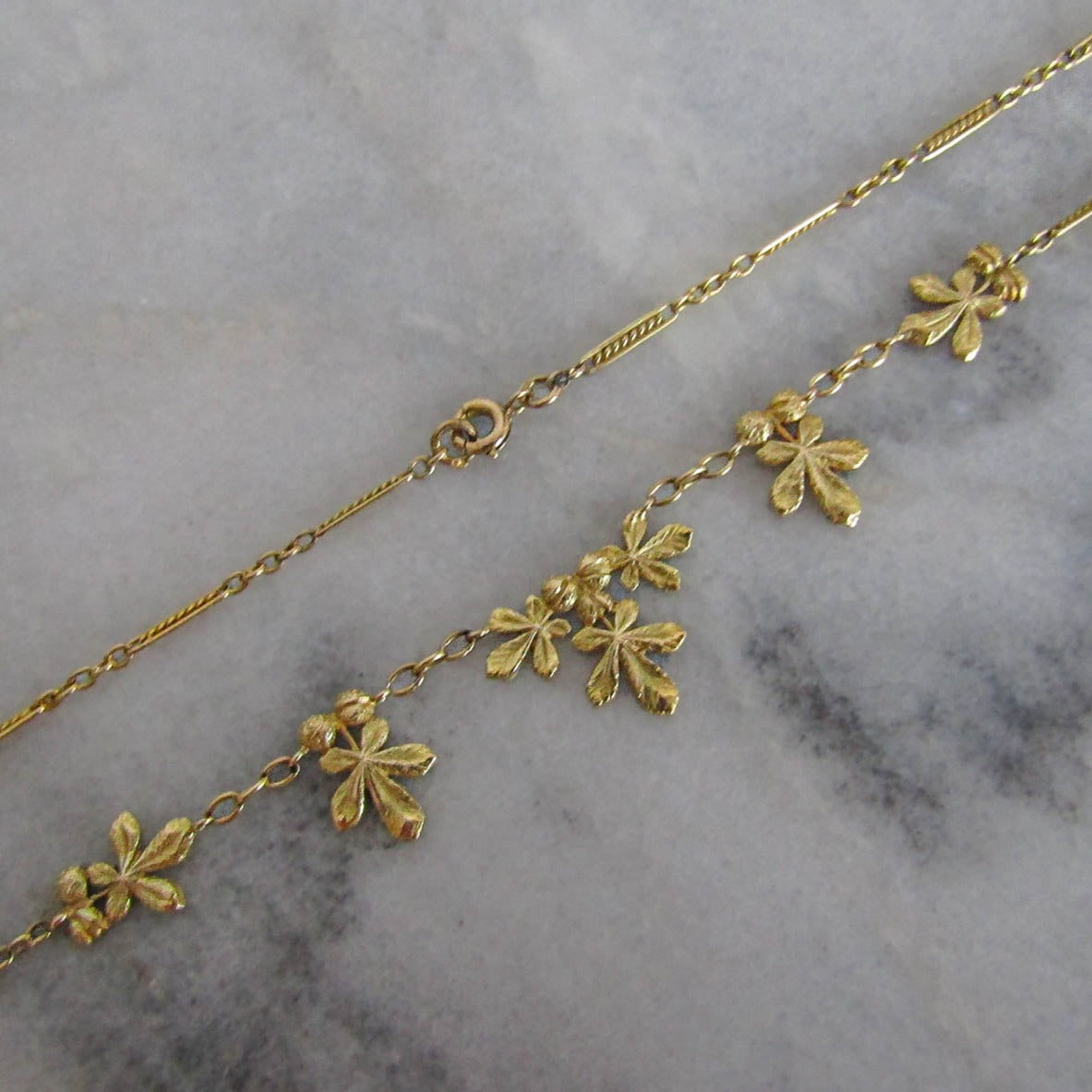 18K Solid Gold Chestnut Drapery Necklace, Antique French Chestnut Leaves Necklace c. 1900