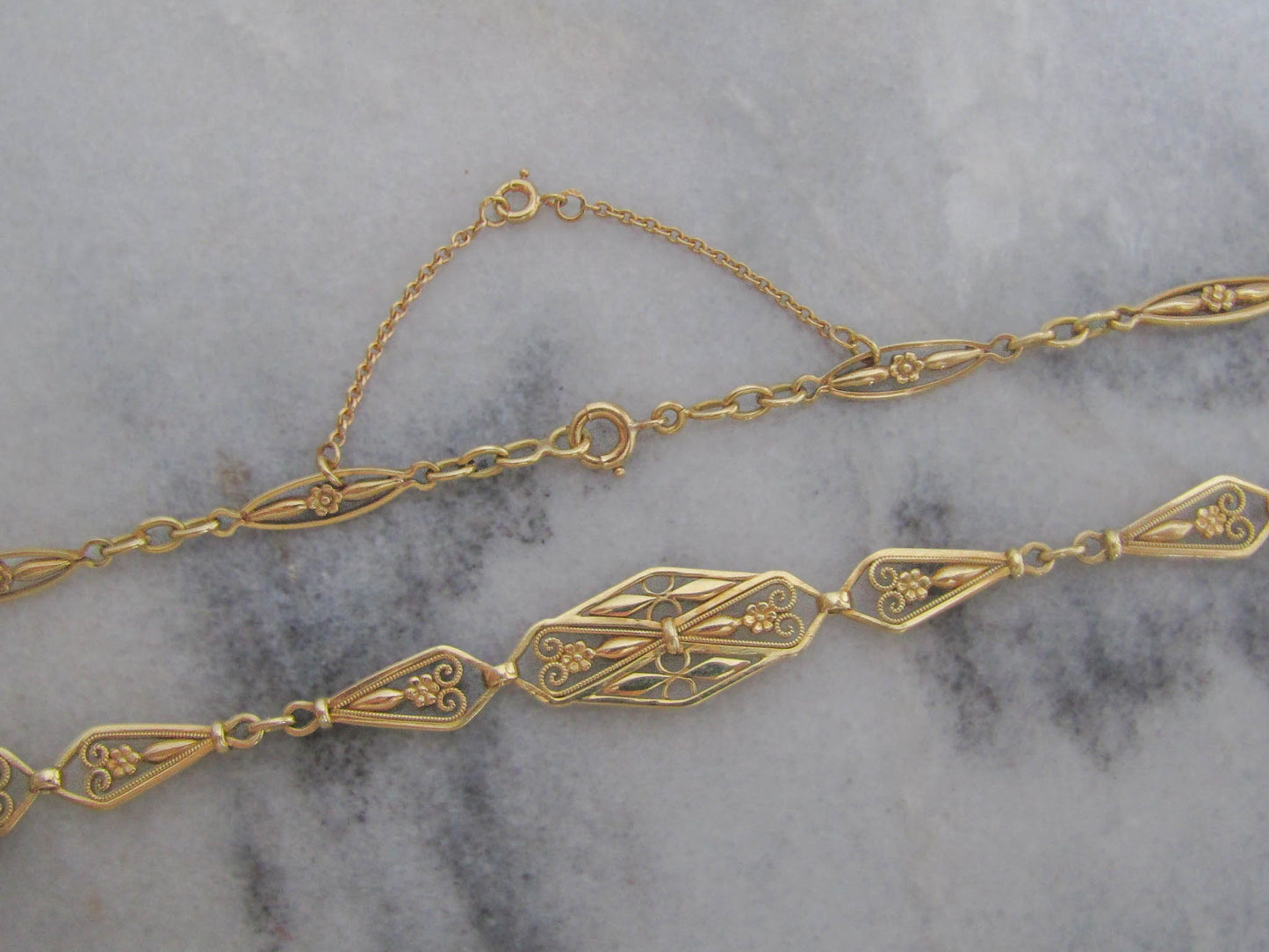 Heavy 23 g 18K Floral Drapery Necklace, Antique Solid Gold Floral Choker with security chain c. 1900