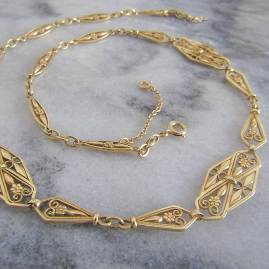 Heavy 23 g 18K Floral Drapery Necklace, Antique Solid Gold Floral Choker with security chain c. 1900