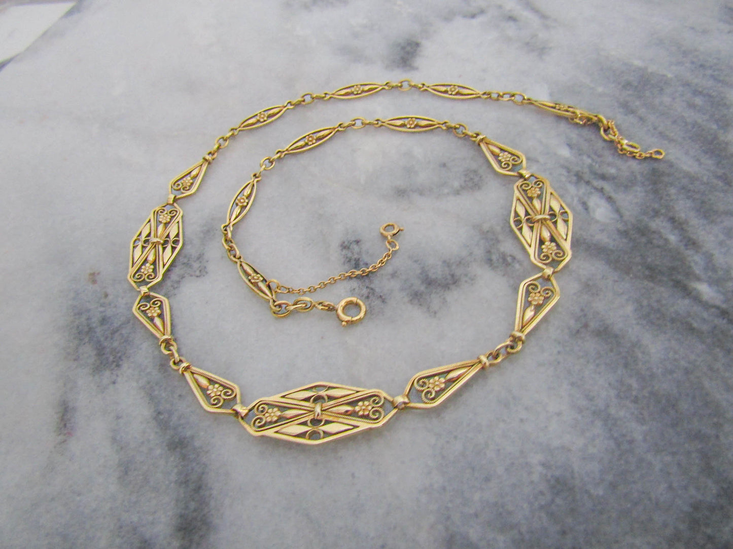 Heavy 23 g 18K Floral Drapery Necklace, Antique Solid Gold Floral Choker with security chain c. 1900