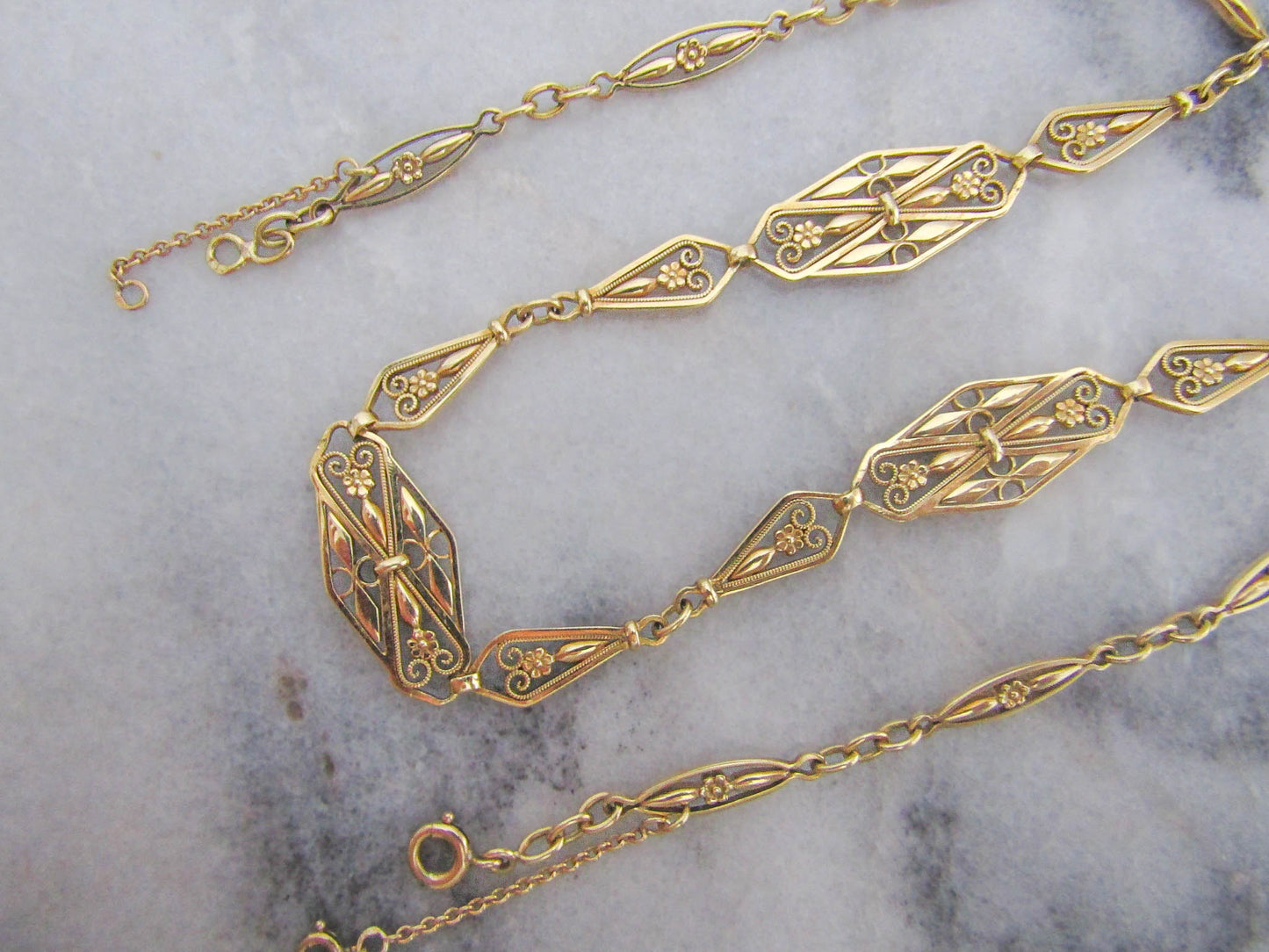 Heavy 23 g 18K Floral Drapery Necklace, Antique Solid Gold Floral Choker with security chain c. 1900