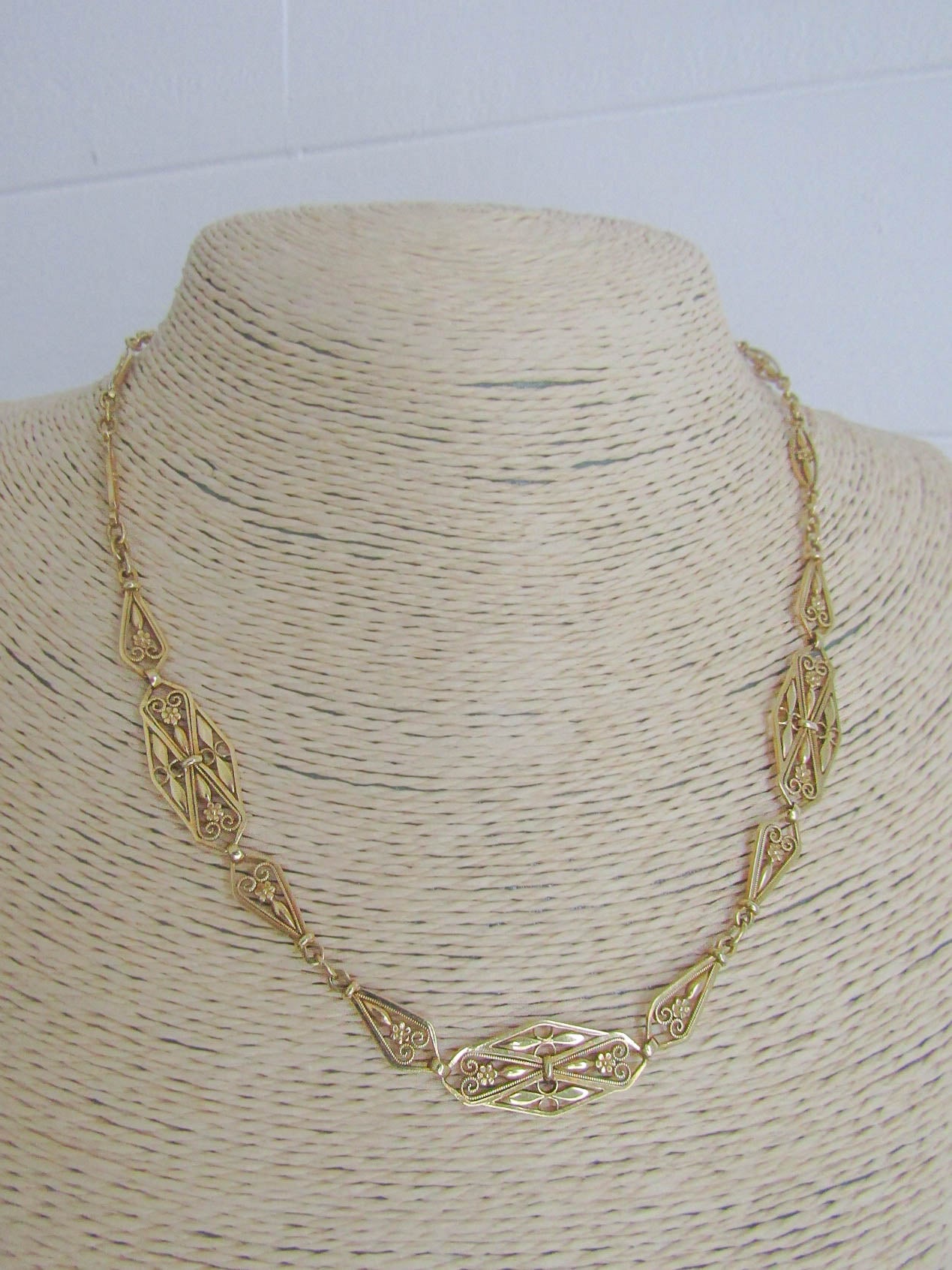 Heavy 23 g 18K Floral Drapery Necklace, Antique Solid Gold Floral Choker with security chain c. 1900