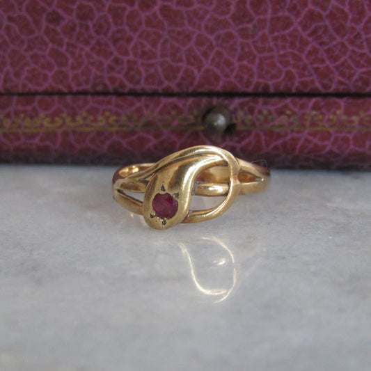 Antique 18k Solid Gold Snake Ring with Ruby Eye, French Victorian Belle Epoque Snake Ring