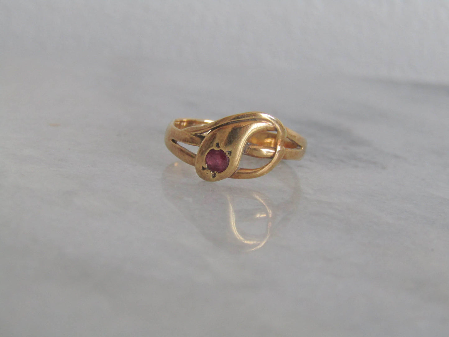 Antique 18k Solid Gold Snake Ring with Ruby Eye, French Victorian Belle Epoque Snake Ring