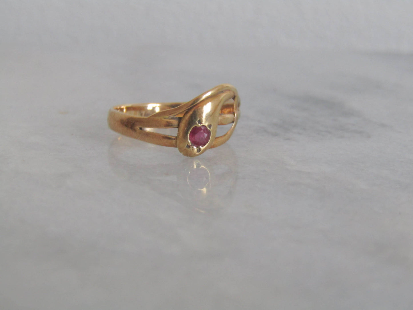 Antique 18k Solid Gold Snake Ring with Ruby Eye, French Victorian Belle Epoque Snake Ring