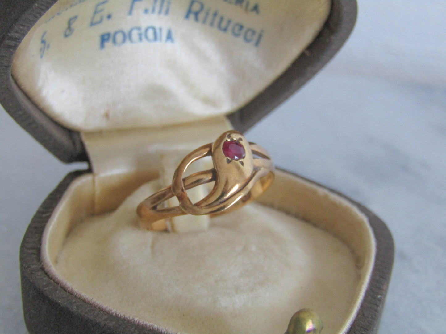 Antique 18k Solid Gold Snake Ring with Ruby Eye, French Victorian Belle Epoque Snake Ring