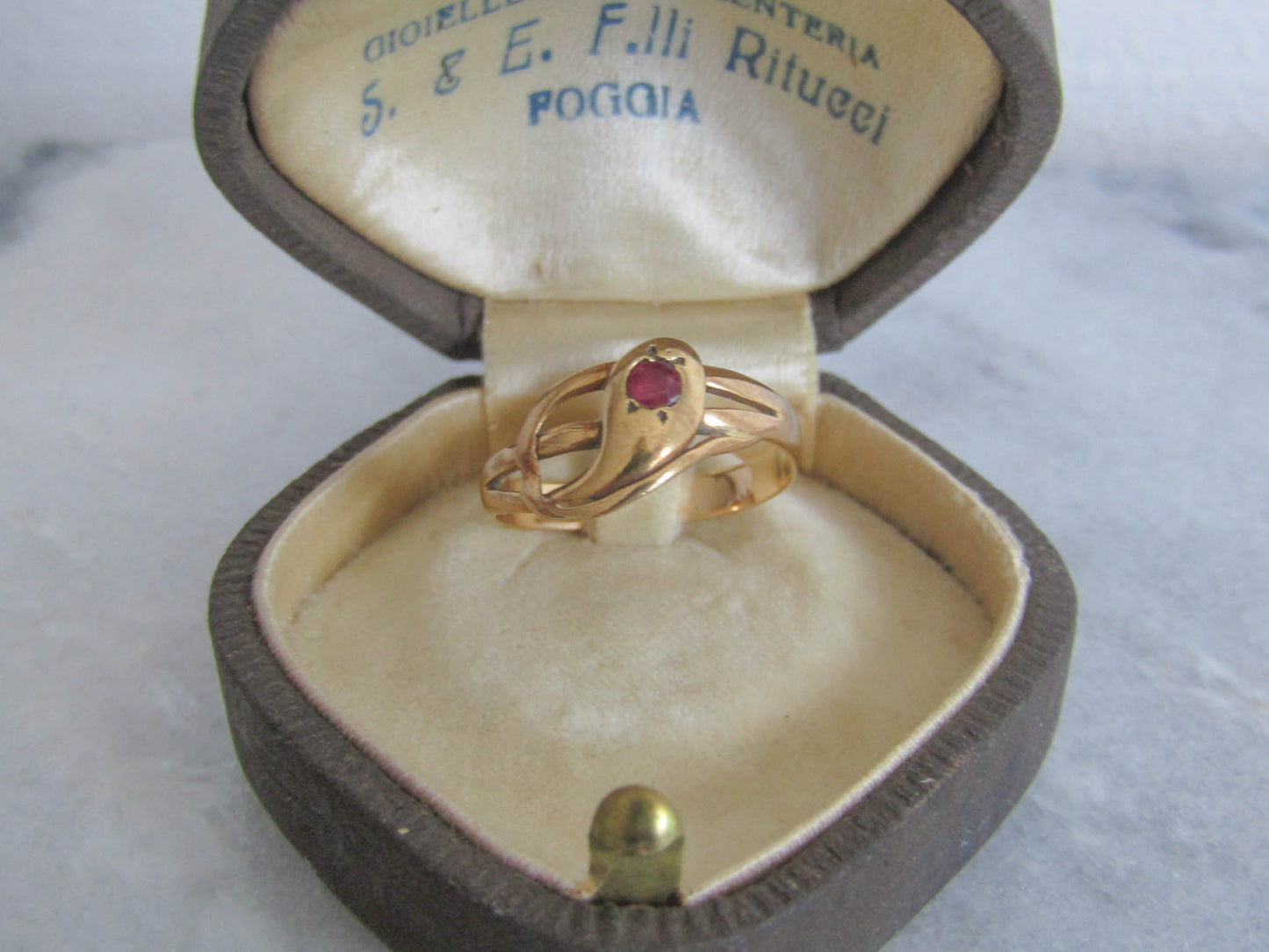 Antique 18k Solid Gold Snake Ring with Ruby Eye, French Victorian Belle Epoque Snake Ring