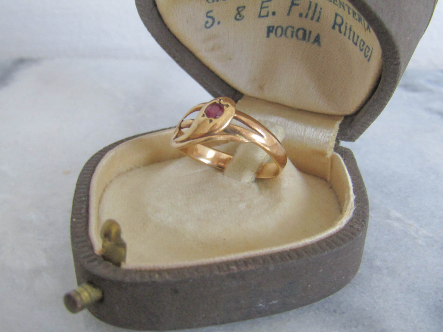 Antique 18k Solid Gold Snake Ring with Ruby Eye, French Victorian Belle Epoque Snake Ring