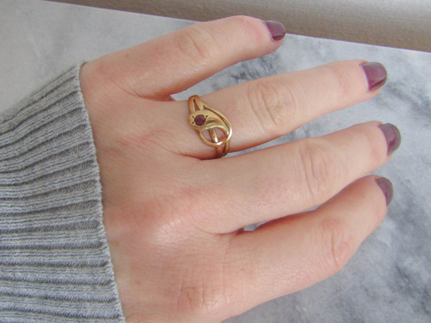 Antique 18k Solid Gold Snake Ring with Ruby Eye, French Victorian Belle Epoque Snake Ring