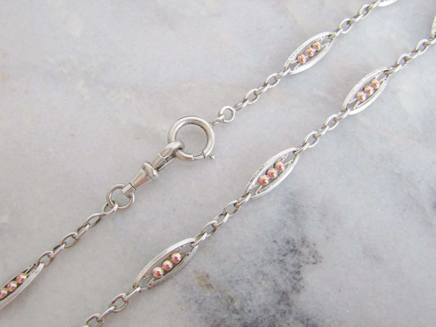 Silver Rose Gold Filled Watch Chain, Antique French Art Deco Watch Chain