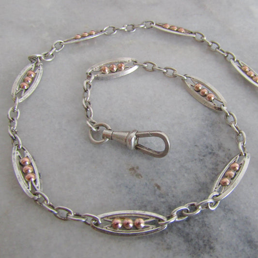 Silver Rose Gold Filled Watch Chain, Antique French Art Deco Watch Chain
