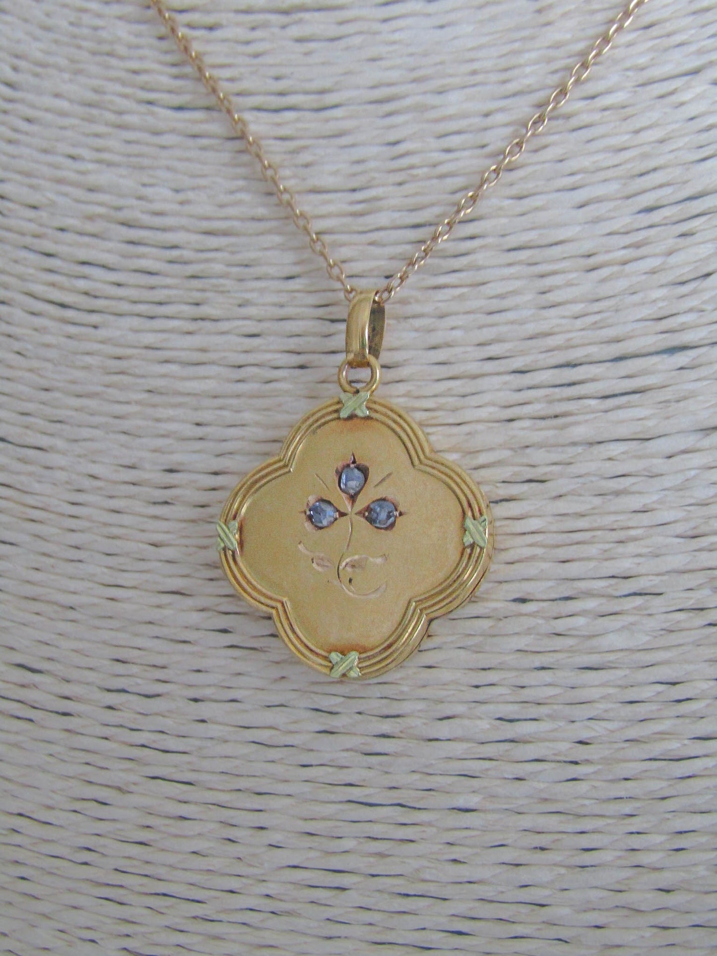 Antique 18k Gold Quadrilobe Shamrock Pendant with Rose Cut Diamonds