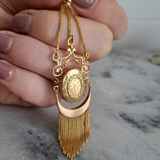 Antique 18K Rose Gold French Napoleon III Fringe Pendant, Large Gold Antique Belle Epoque Pendant c. 1870