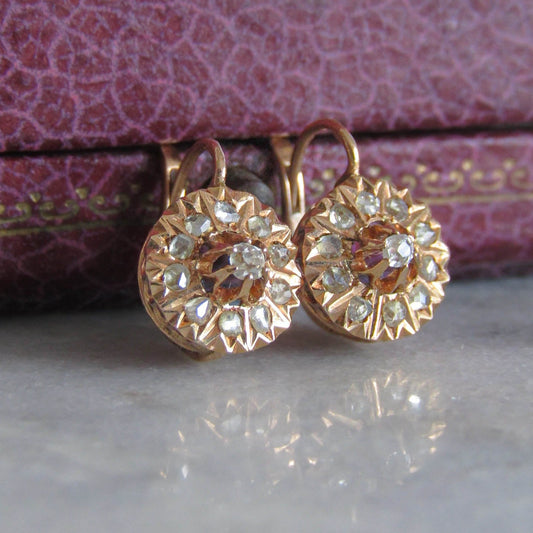 18K Antique Victorian Diamond Daisy Earrings, Antique Belle Epoque Daisy Cluster Earrings