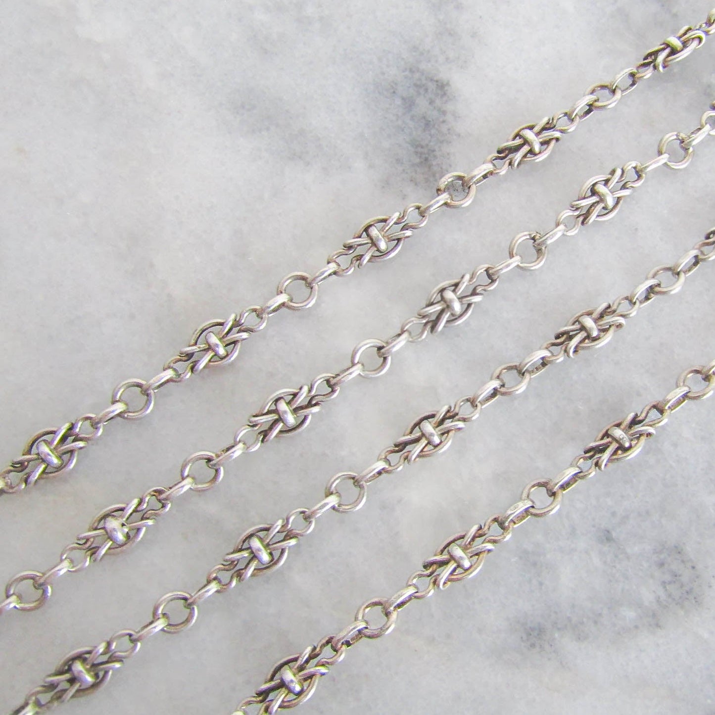 56" French Silver Long Guard Chain with Fancy Links and Hanging Bolt Ring