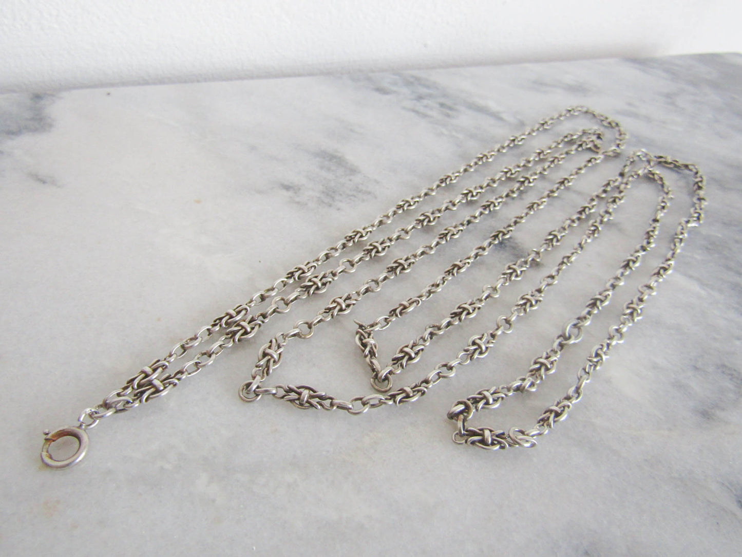 56" French Silver Long Guard Chain with Fancy Links and Hanging Bolt Ring