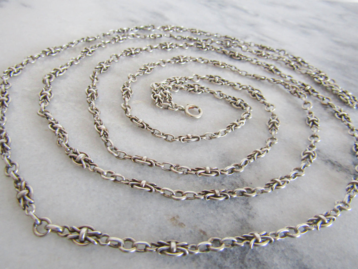 56" French Silver Long Guard Chain with Fancy Links and Hanging Bolt Ring