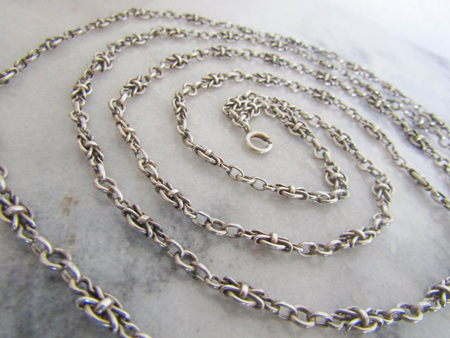 56" French Silver Long Guard Chain with Fancy Links and Hanging Bolt Ring