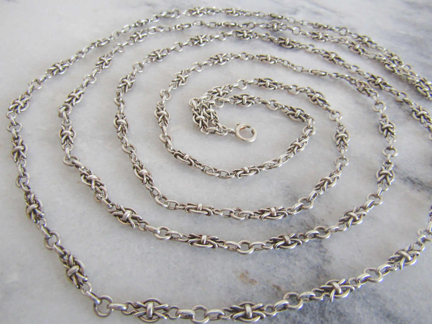 56" French Silver Long Guard Chain with Fancy Links and Hanging Bolt Ring