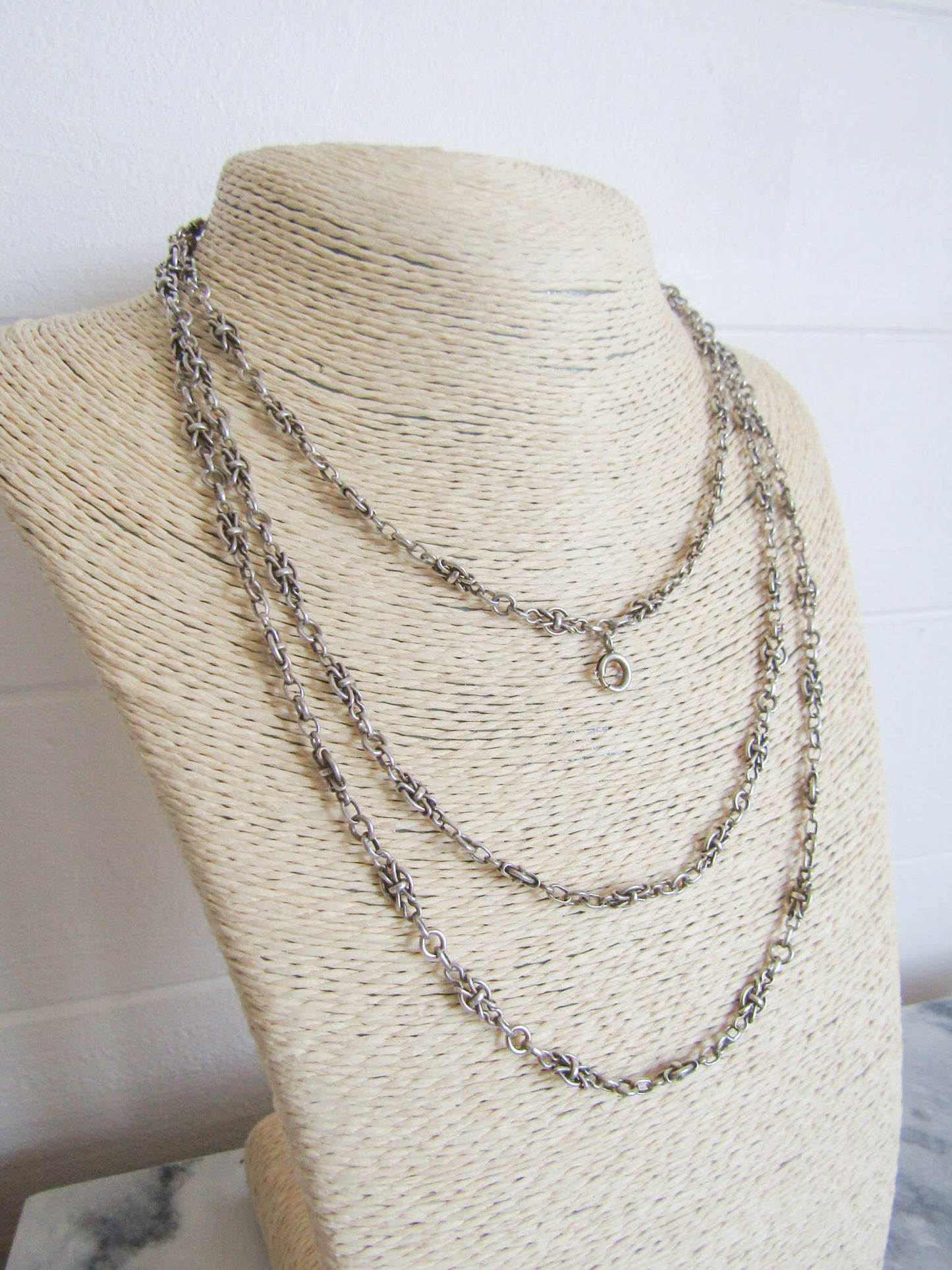 56" French Silver Long Guard Chain with Fancy Links and Hanging Bolt Ring