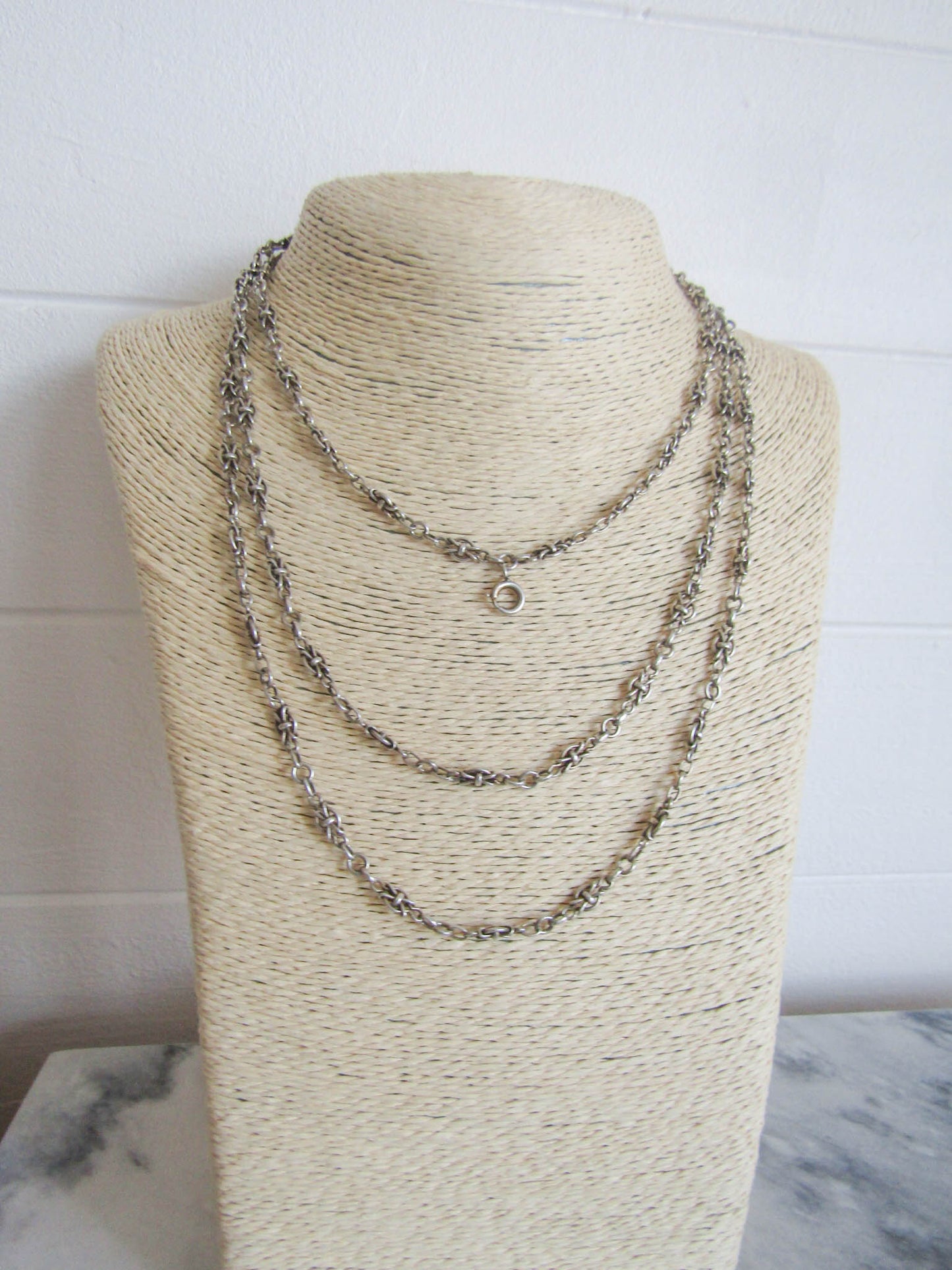 56" French Silver Long Guard Chain with Fancy Links and Hanging Bolt Ring