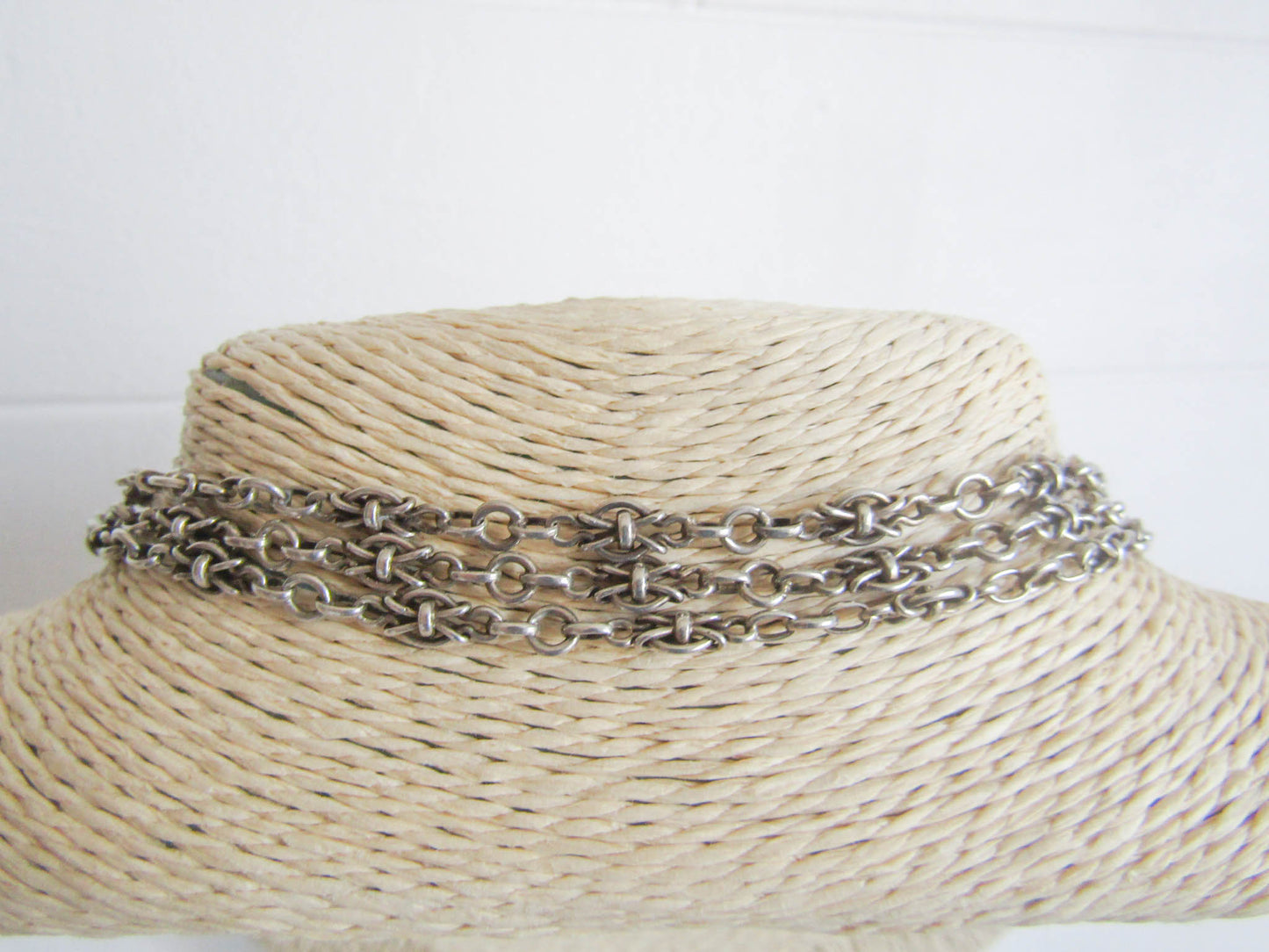 56" French Silver Long Guard Chain with Fancy Links and Hanging Bolt Ring