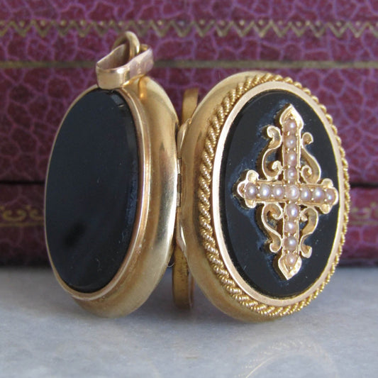 Antique 18k French Napolen III Onyx Mourning Locket with Seed Pearls