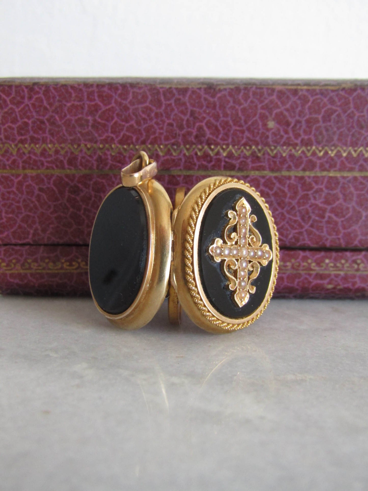 Antique 18k French Napolen III Onyx Mourning Locket with Seed Pearls