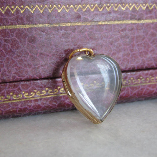 Antique 18K Pools of Light Glass Heart Locket, French Victorian Romantic Pendant