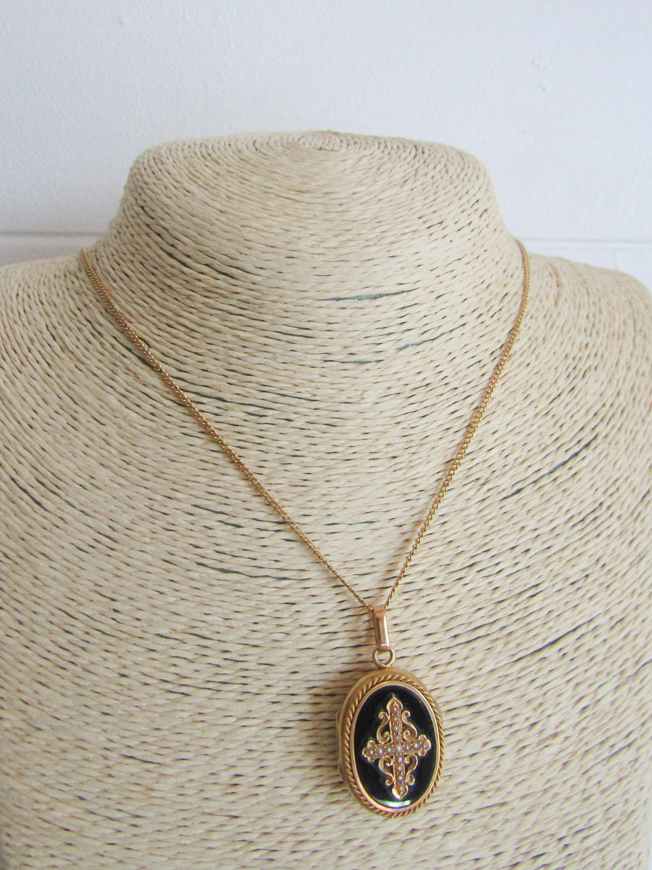 Antique 18k French Napolen III Onyx Mourning Locket with Seed Pearls