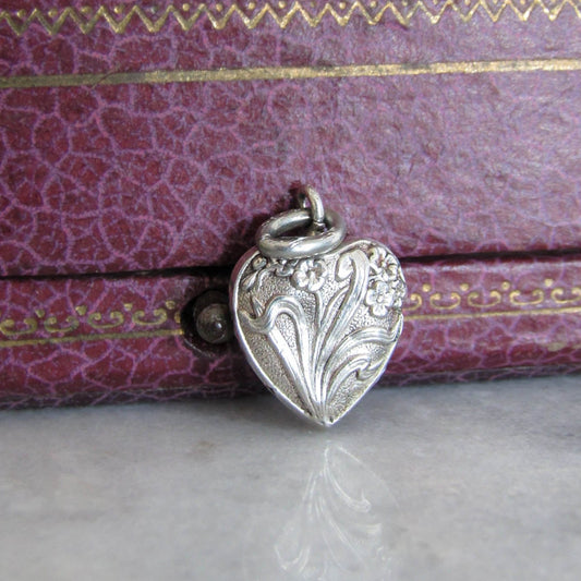 Silver Art Nouveau Heart Charm, Antique French Silver Pendant c. 1900