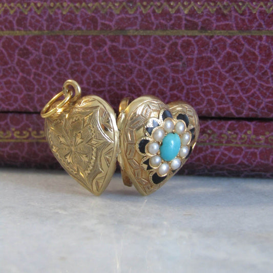 Antique French 18K Turquoise Enamel Heart Locket with Seed Pearls and Secret Glass Partition c. 1840