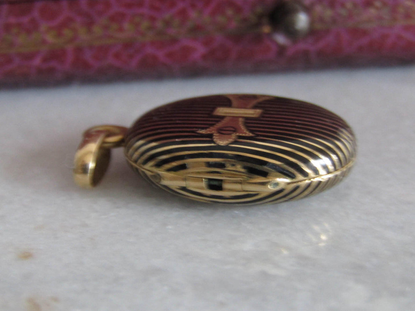 Antique 18k Gold Enamel Buckle Locket, Victorian French Belle Epoque Striped Buckle Pendant