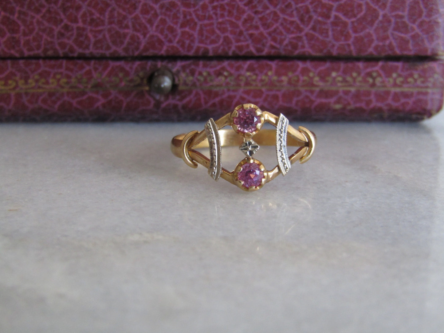 Antique 18K Pink Sapphire Toi et Moi Ring, Vintage French Engagement ring c. 1910